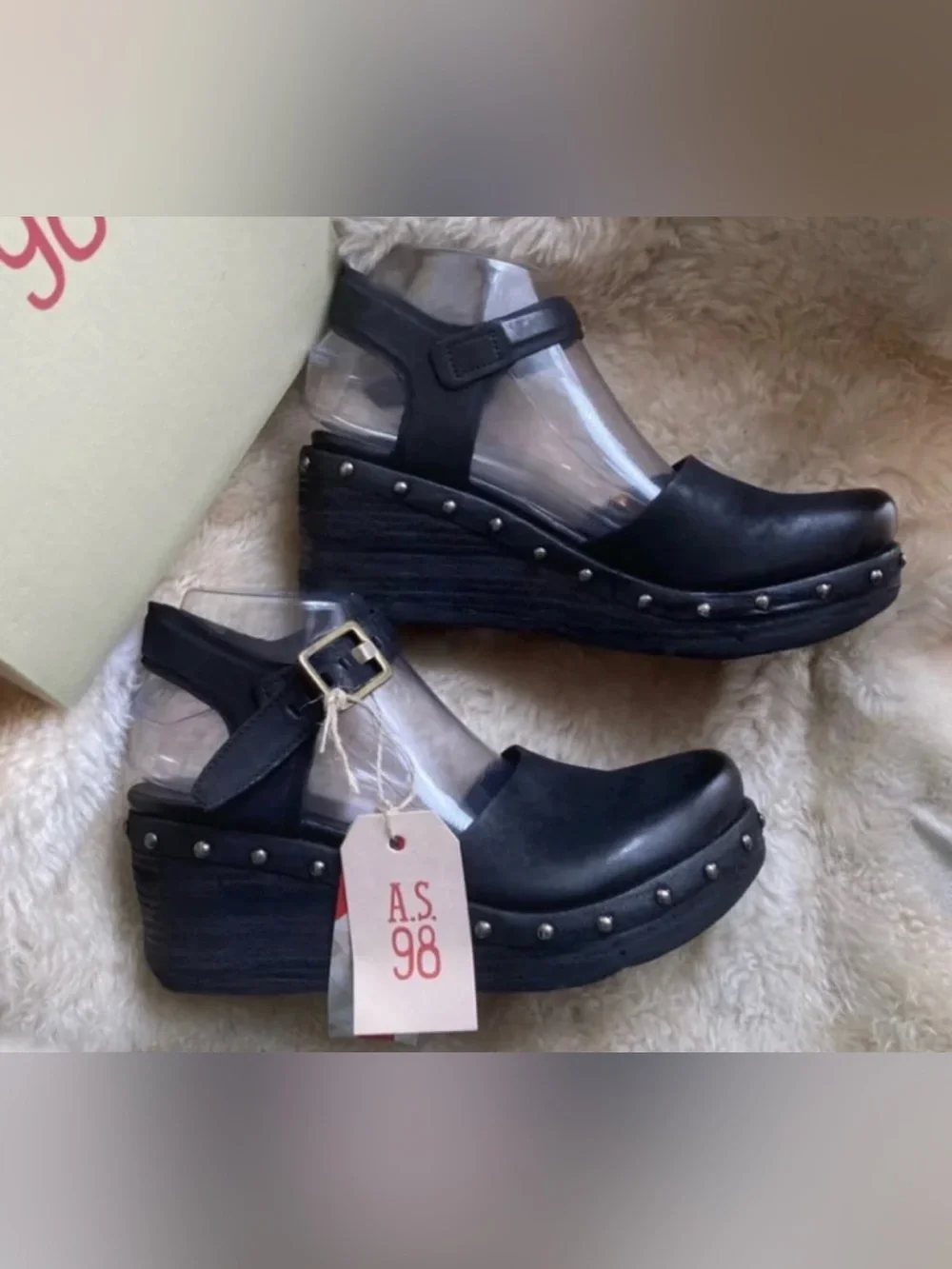 A.S.98 Pietro Black Studded Wedge Mary Jane Shoes - Women size 39